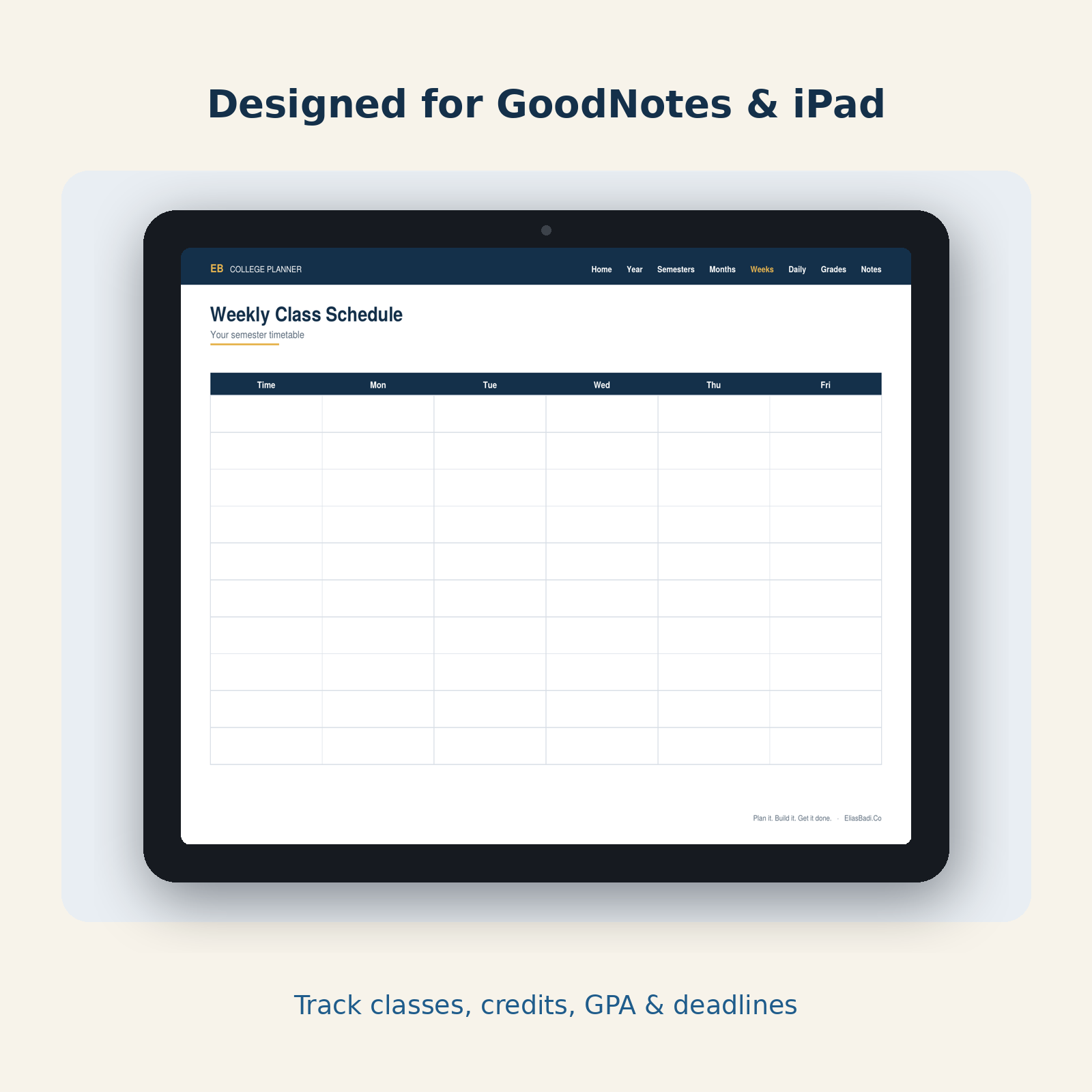 College Digital Planner shown on an iPad in GoodNotes