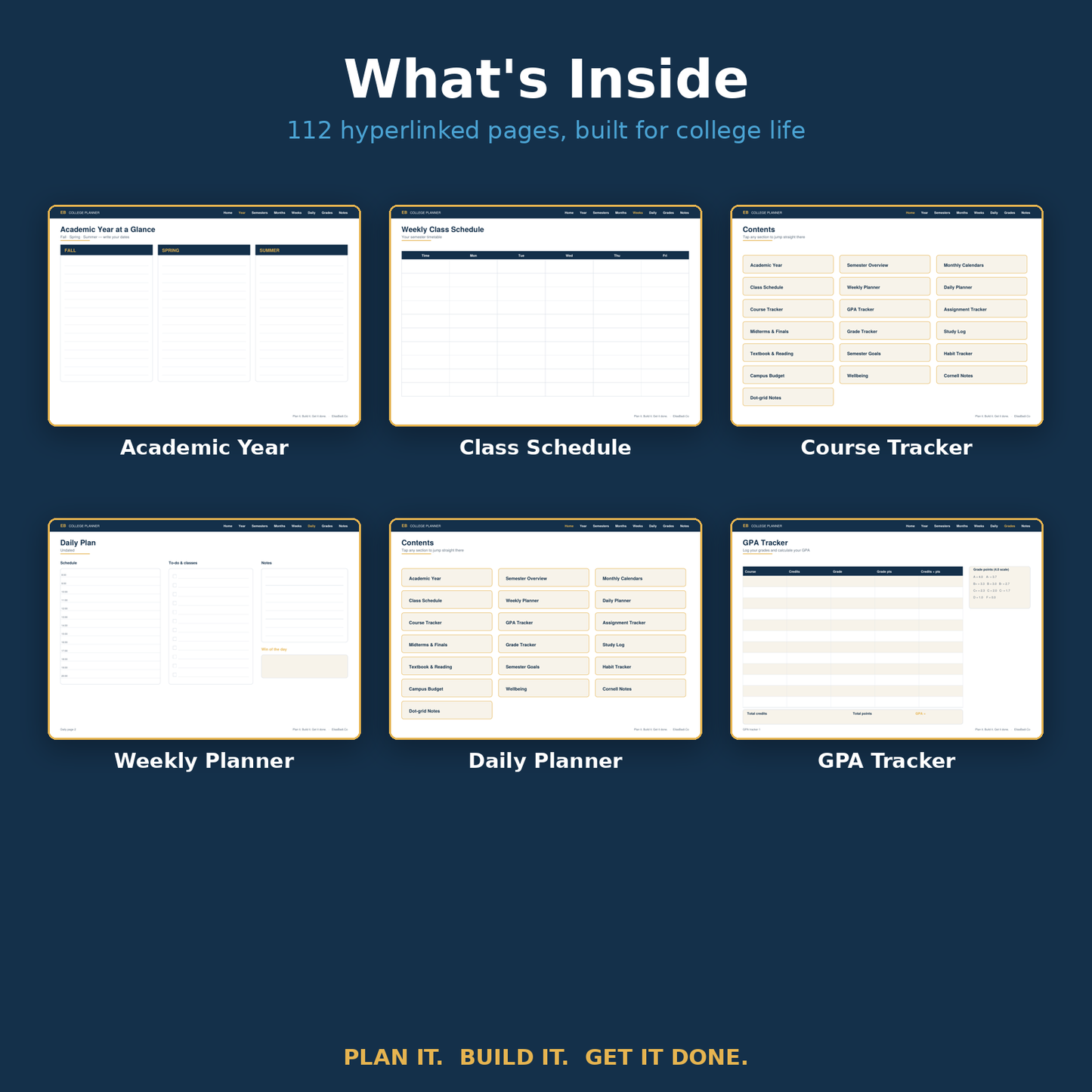 What's inside the College Digital Planner - 112 hyperlinked pages